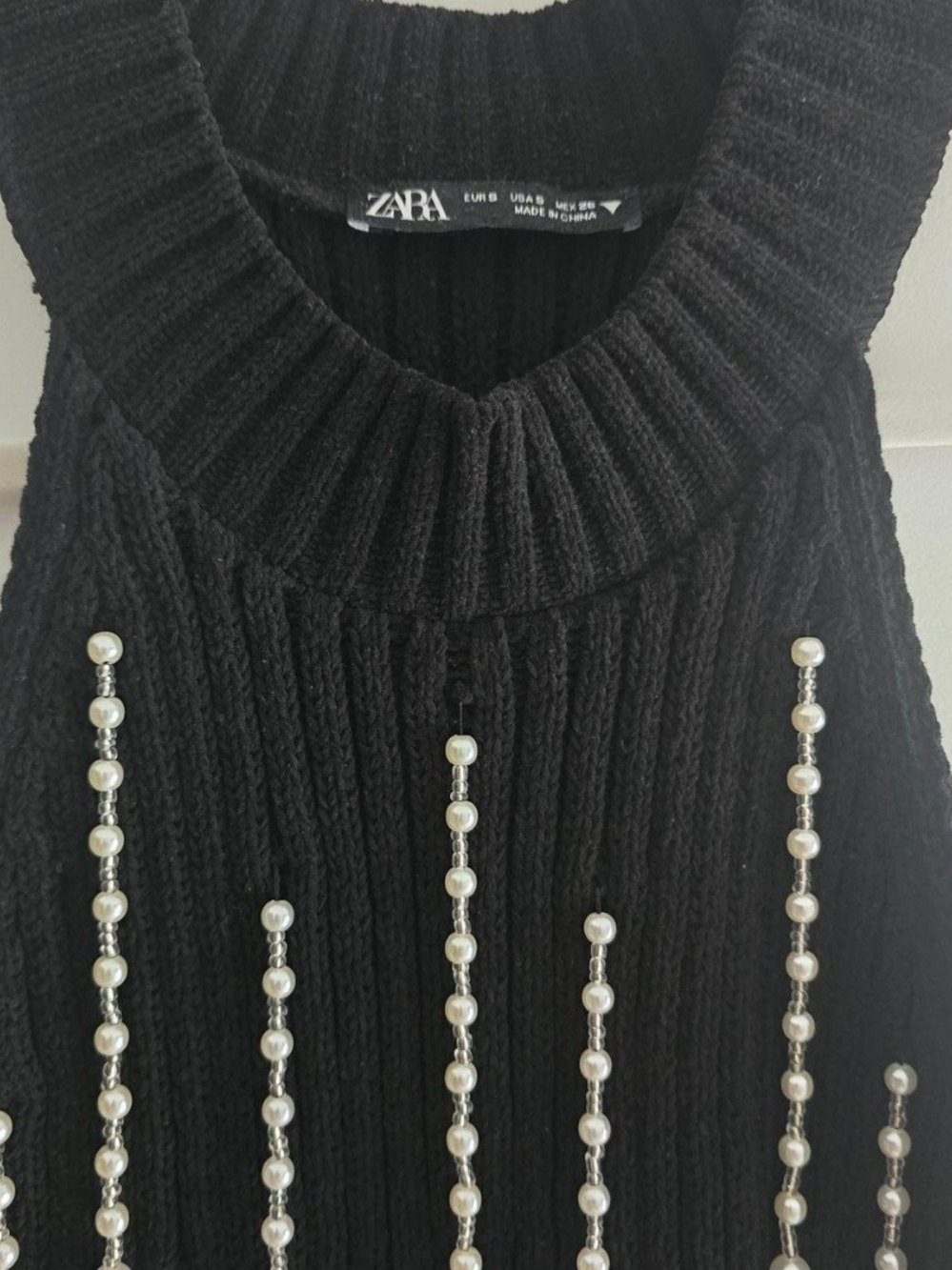 Zara Black Ribbed Turtleneck Sweater with Pearl Stripe Accents